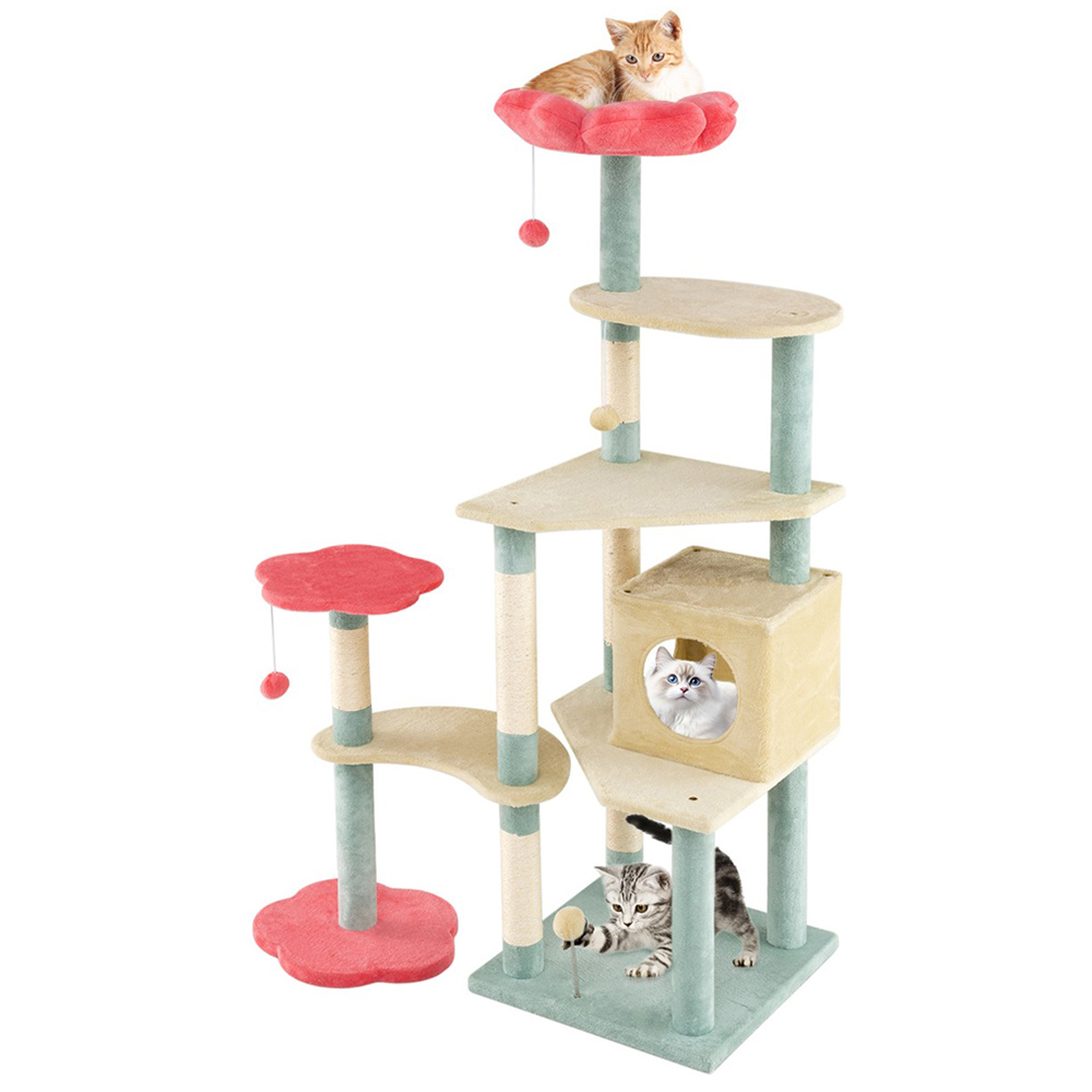 Costway Colourful Multi Level Floral Kitten Tower with Padded Perch 155cm Image 1