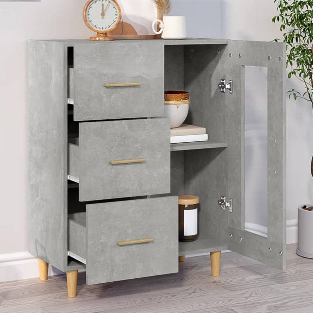 vidaXL Single Glass Door 3 Drawer Concrete Grey Wooden Sideboard Image 1