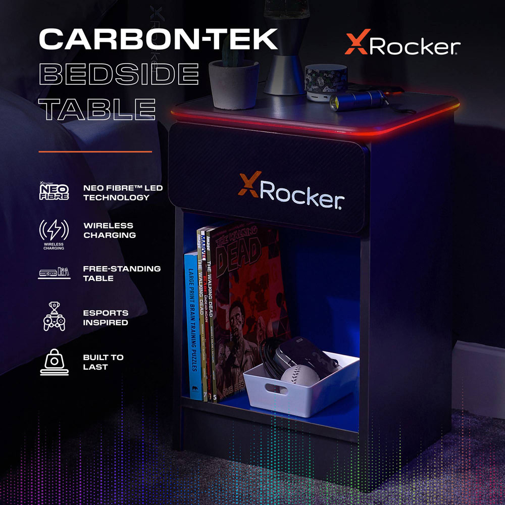 X Rocker Carbon-Tek Single Drawer Single Shelf Grey and Blue LED Bedside Table with Charging Image 8