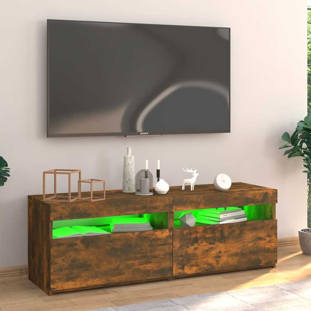 vidaXL 2 Door 2 Shelf Smoked Oak Wide TV Cabinet with LED Lights Image 6