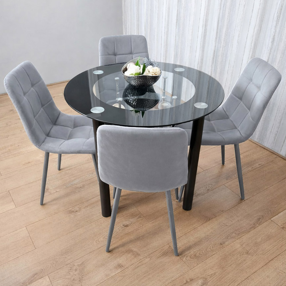 Kosy Koala 4 Seater Clear Glass Tufted Velvet Round Dining Set Grey Image 1