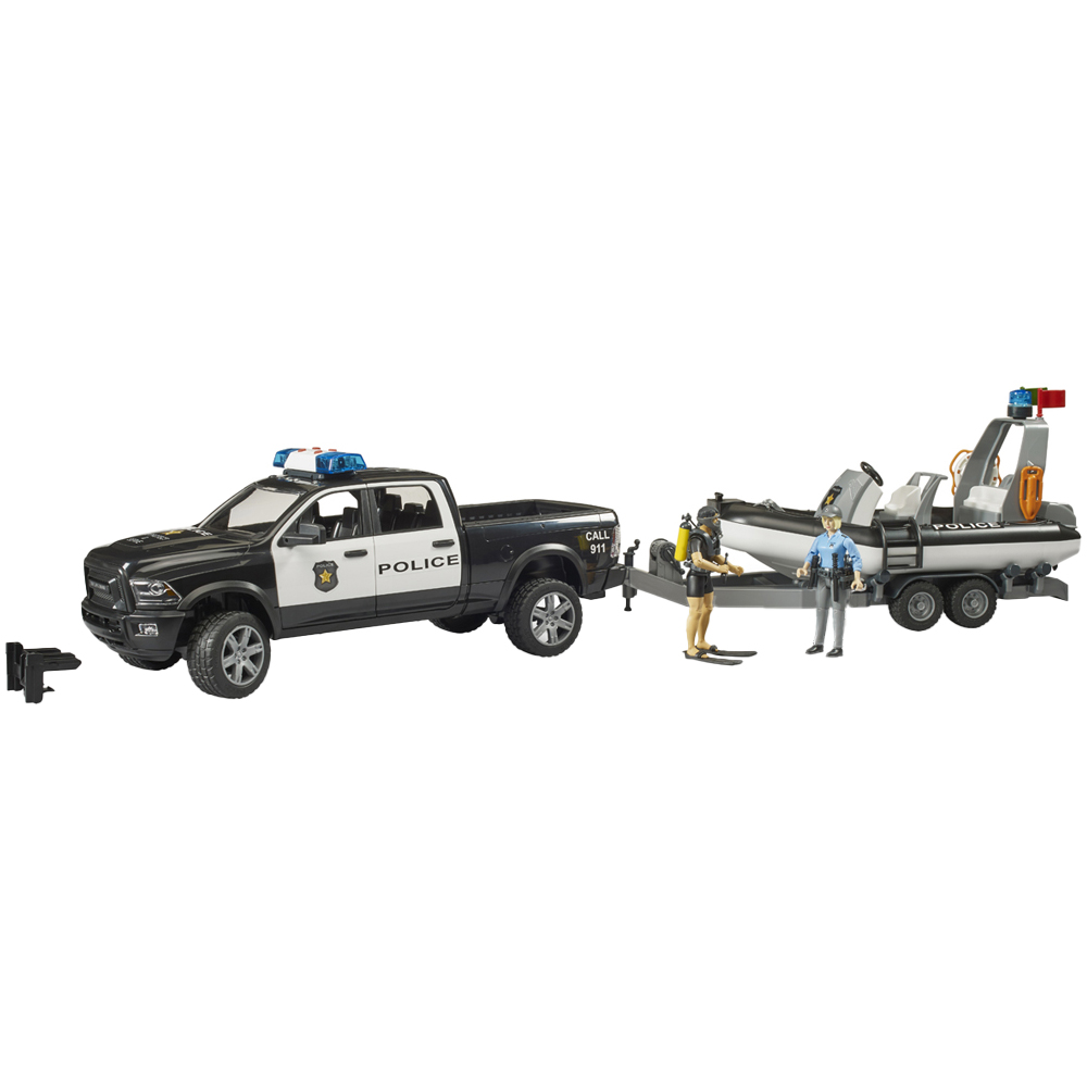 Bruder RAM 2500 Light and Sound Police Pickup Wagon with Trailer Boat and 2 Figures Image 1