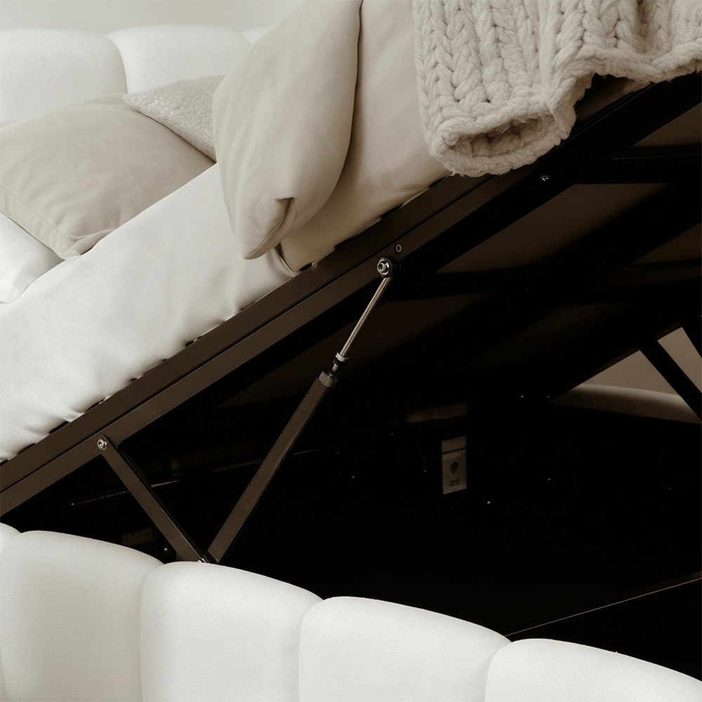 Home Source Bubble Double White Textured Velvet Lift-Up Ottoman Bed with Fluted Headboard Image 2