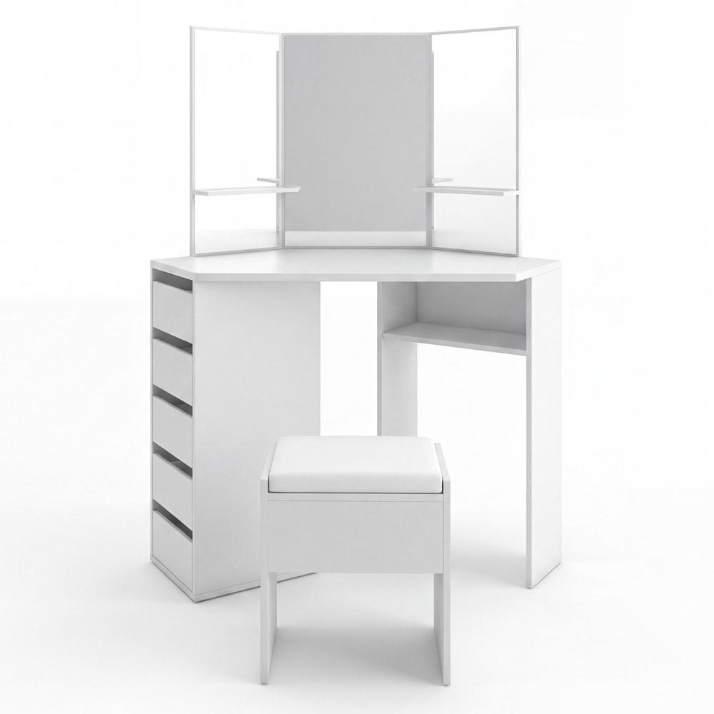 Portland 5 Drawer White Corner Dressing Table Set with Mirror Image 2