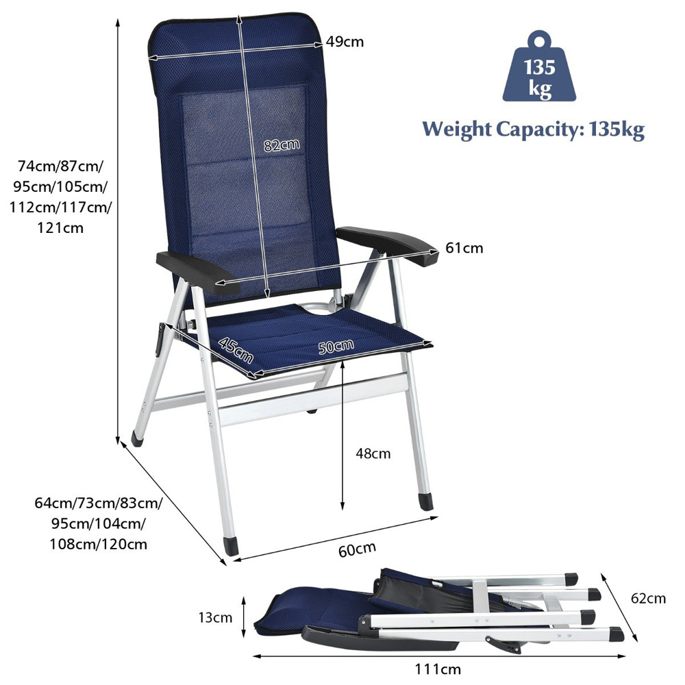 Costway Set of 2 Navy Blue Folding Lounge Chair with Raised Backrest Image 9