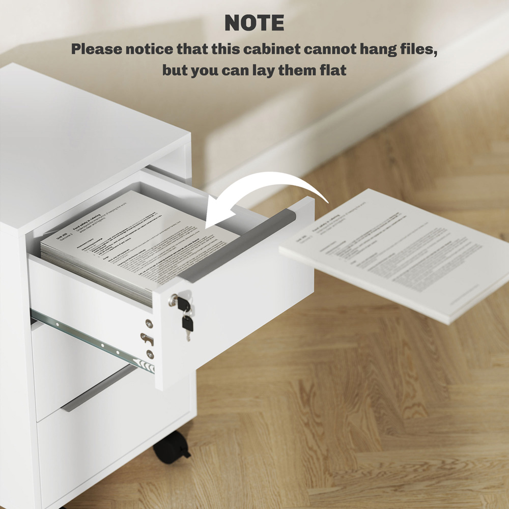 HOMCOM 3 Drawer White Lockable Mobile Filing Cabinet Image 8