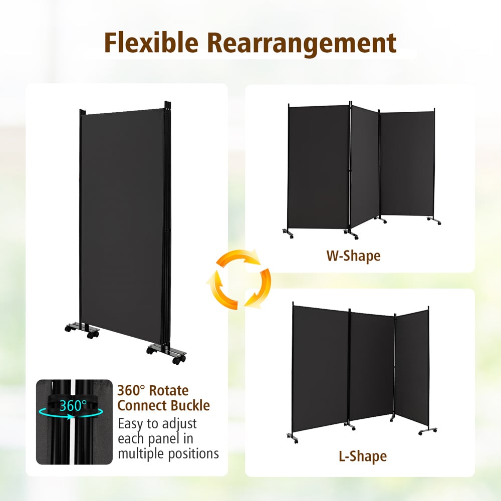 Costway 3 Panel Grey Folding Room Divider with Wheels Image 6
