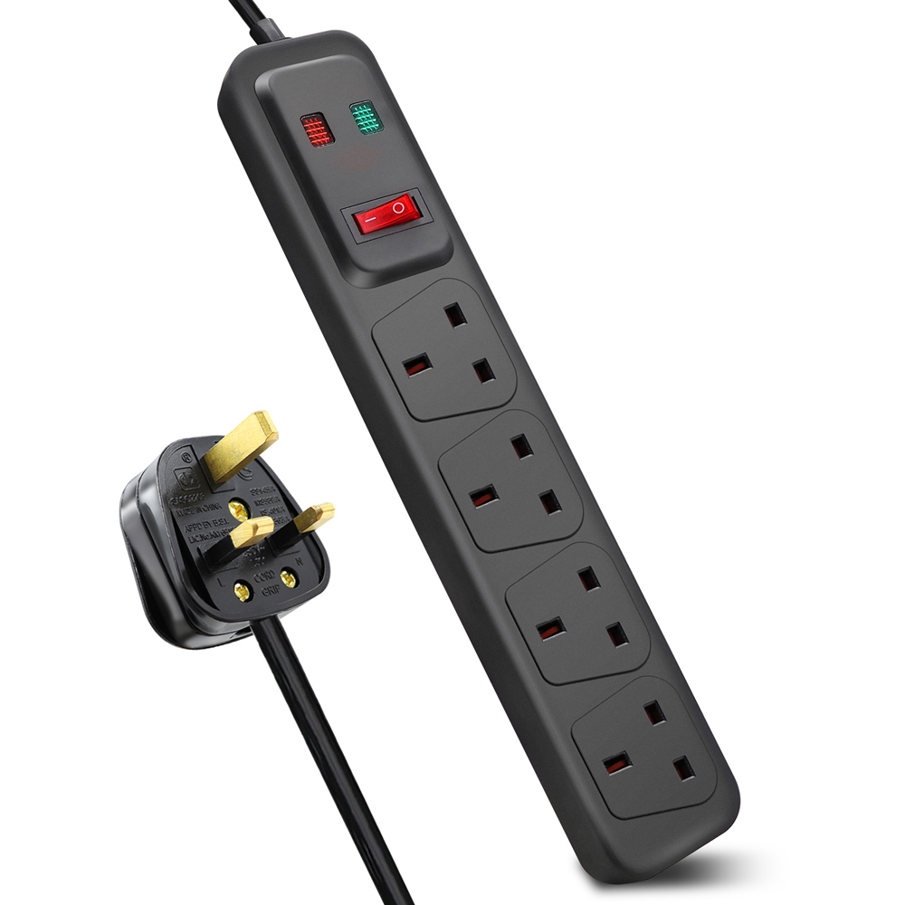 ExtraStar 4 Gang 13A Black Switched Surge Protected Extension Lead 2m Image 1