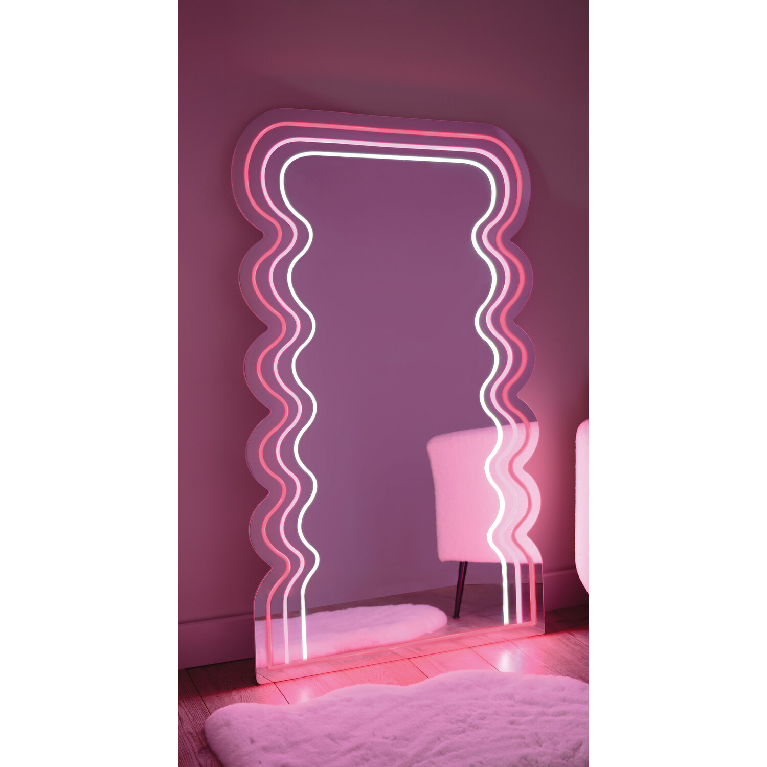 Pink and White Neon Acrylic Wave LED Mirror Image 2