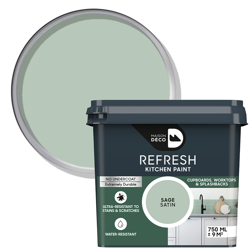 Maison Deco Refresh Kitchen Cupboards and Surfaces Sage Satin Paint 750ml Image 1