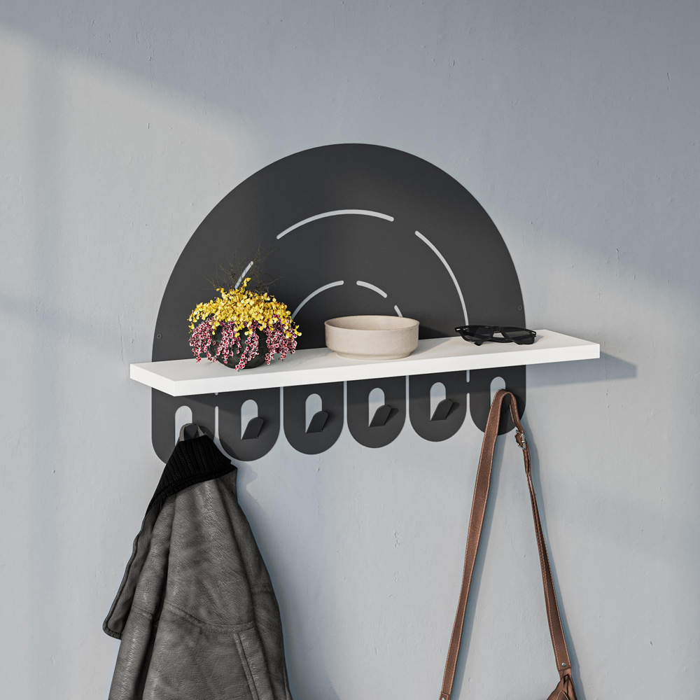 Decortie Black and White Rainbow Wall Hanger with 6 Hooks and Display Shelf Image 4