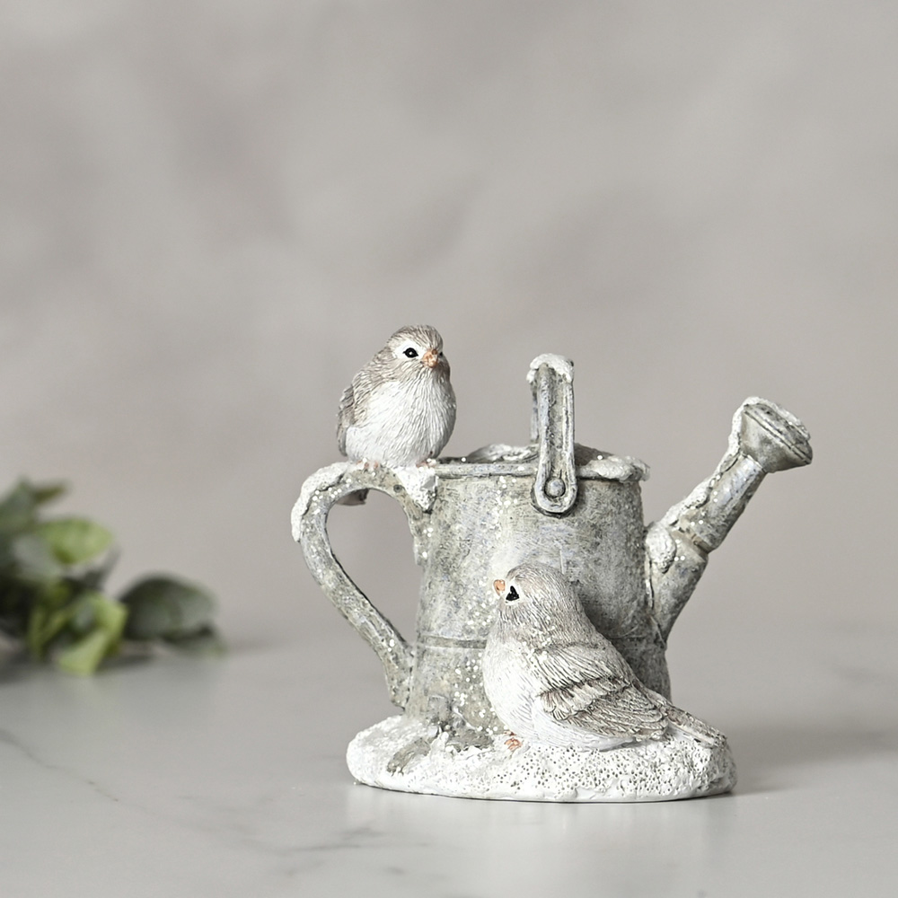 The Christmas Gift Co Silver 2 Robins Figurine on a Watering Can Image 2