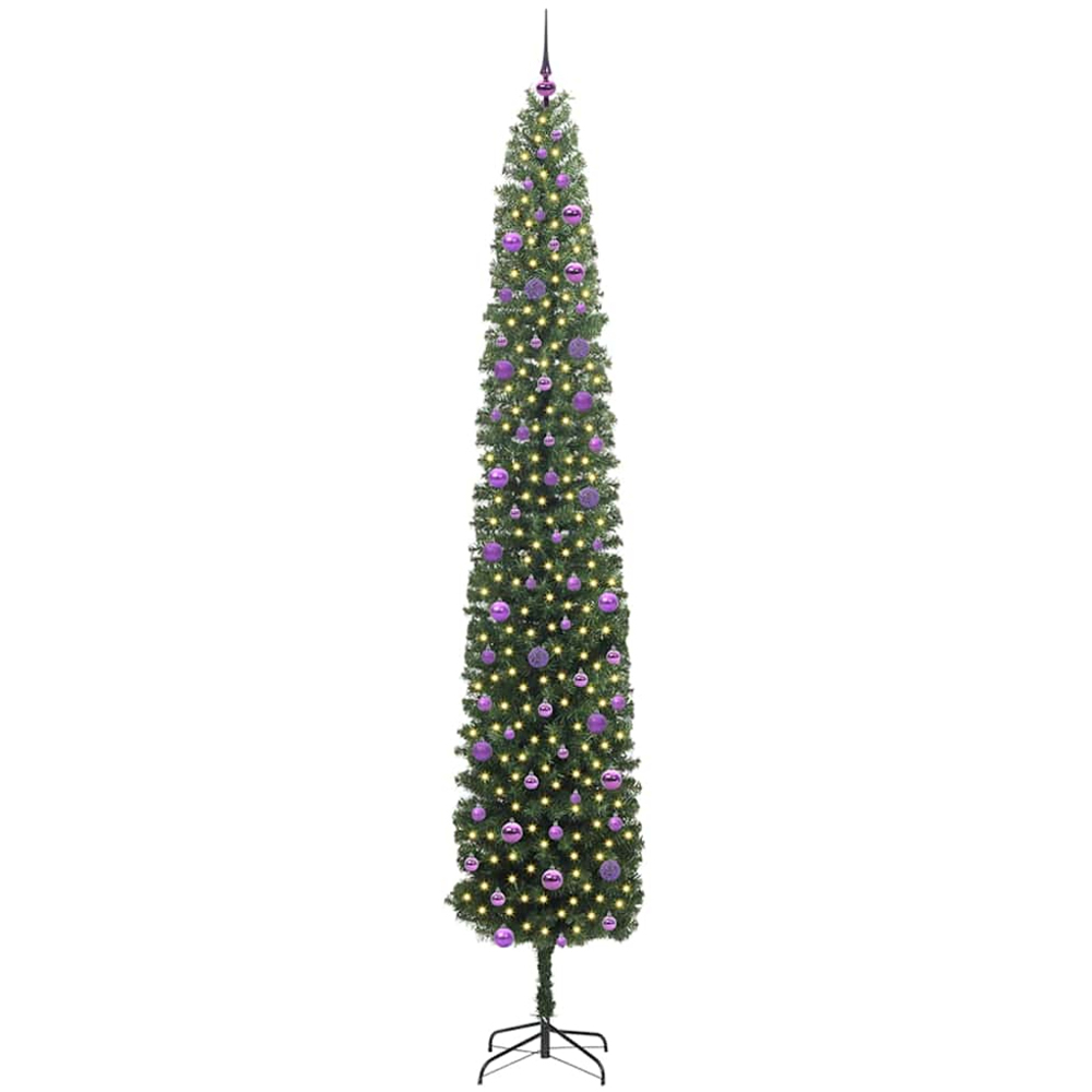 vidaXL Green Artificial Christmas Tree with LEDs Lilac Decoration Ornaments 9ft Image 1