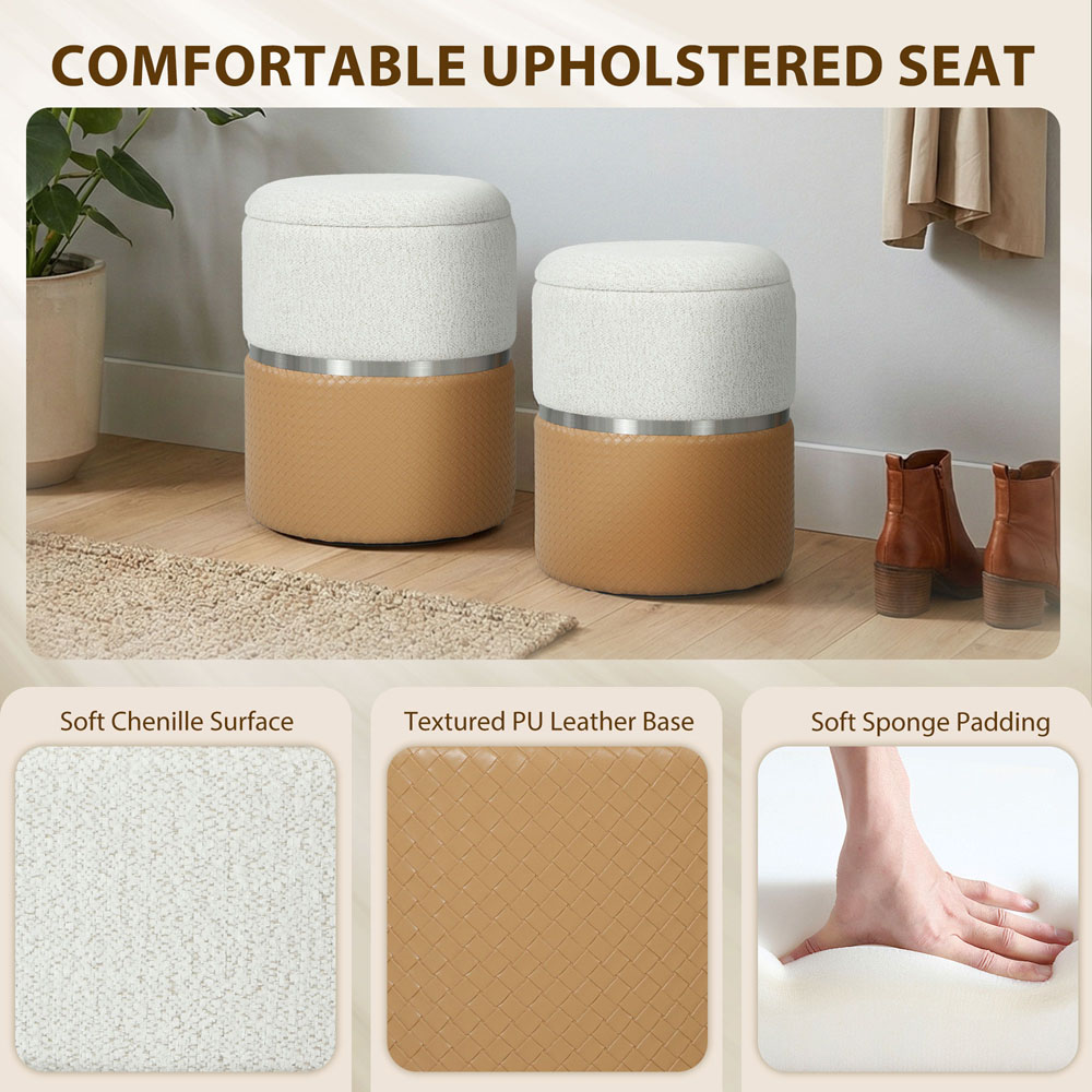 Portland Cream and Brown Round Ottoman Footstool Set of 2 Image 6