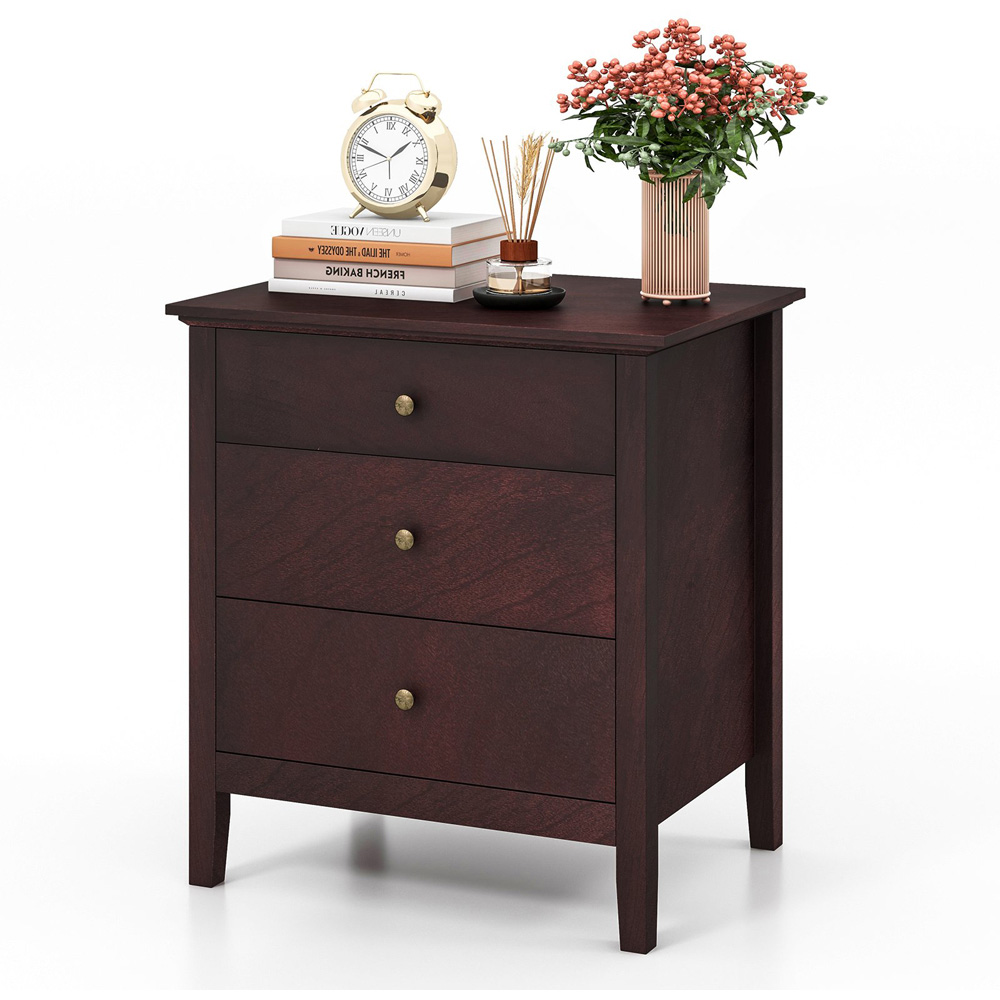 Costway 3 Drawer Brown Wooden Bedside Table Image 2