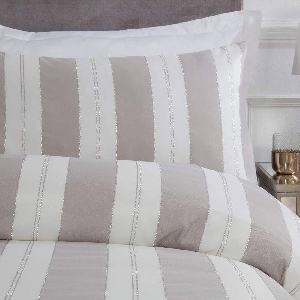 Smart Living Super King Size White and Mink Lurex Stripe Jacquard Duvet Cover Set Image 3