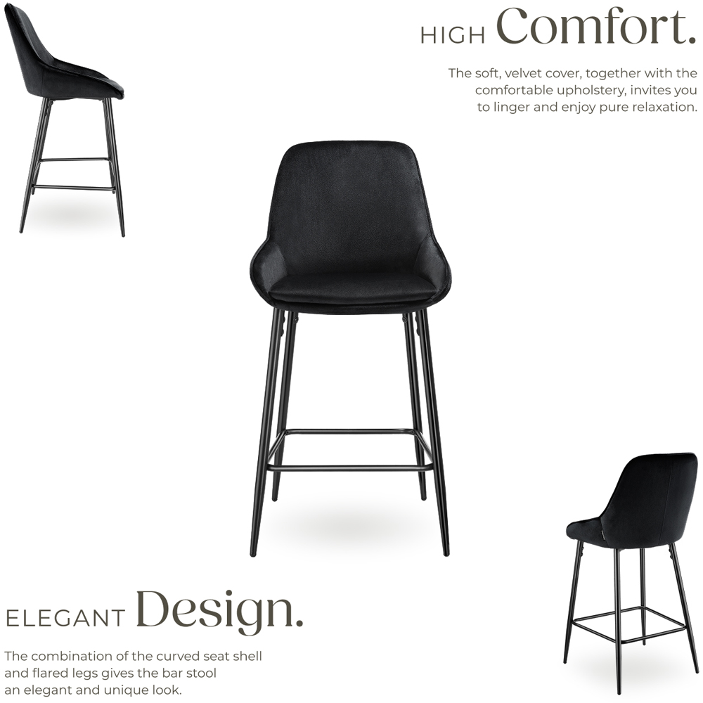 tectake Siera Black Velvet Look Bar Stool Set of 4 Image 3