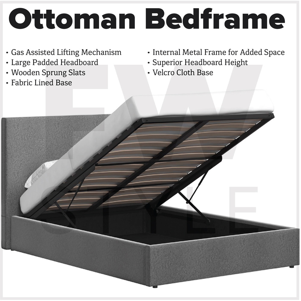 FWStyle Rufford King Size Grey Fossil Front Lift Ottoman Bed Frame with Padded Headboard Image 3