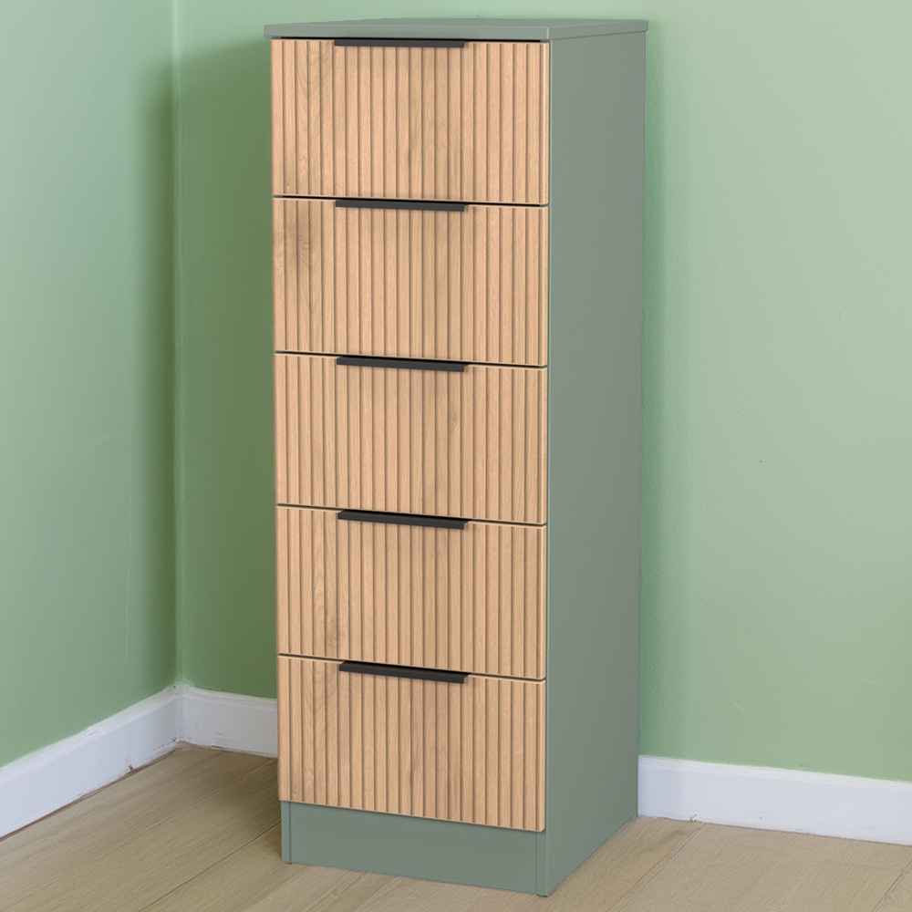 Crowndale Java 5 Drawer Slatt Effect and Reed Green Tall Bedside Cabinet Image 1