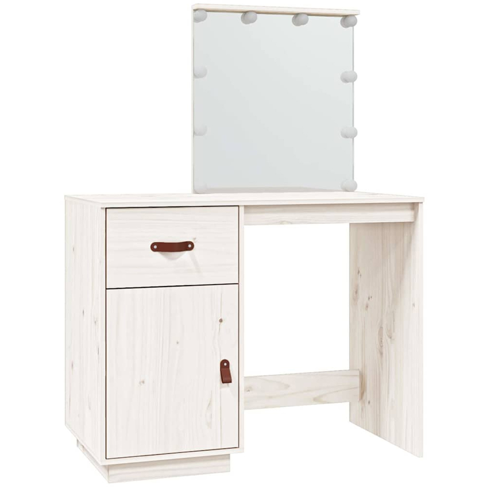 vidaXL Single Door Single Drawer White Solid Wood Pine Dressing Table with LED Mirror Image 2