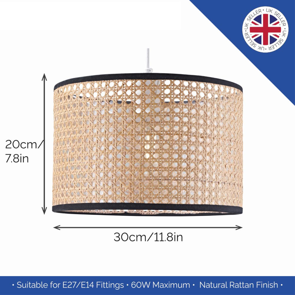 Happy Homewares Natural Wicker Rattan Drum Shaped Pendant Shade with Black Cotton Trims Image 8