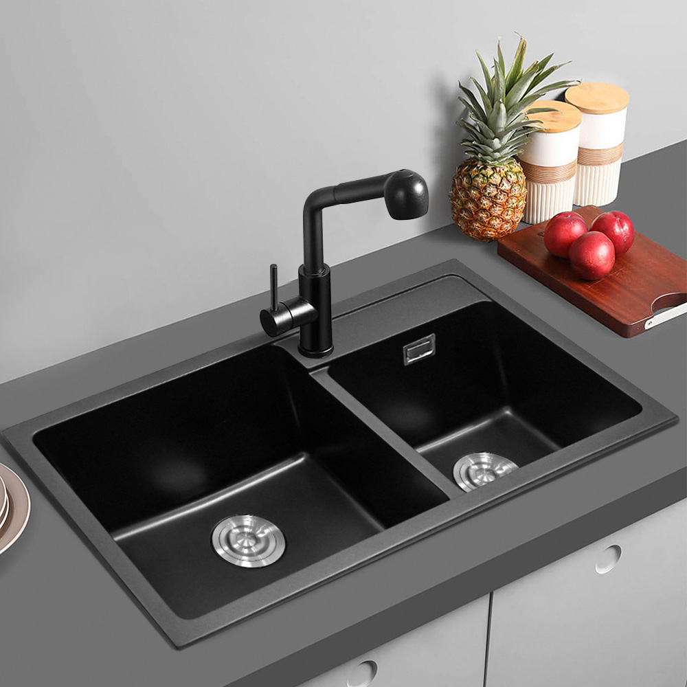 Living and Home Black Double Bowl Quartz Kitchen Sink 86 x 46cm Image 2