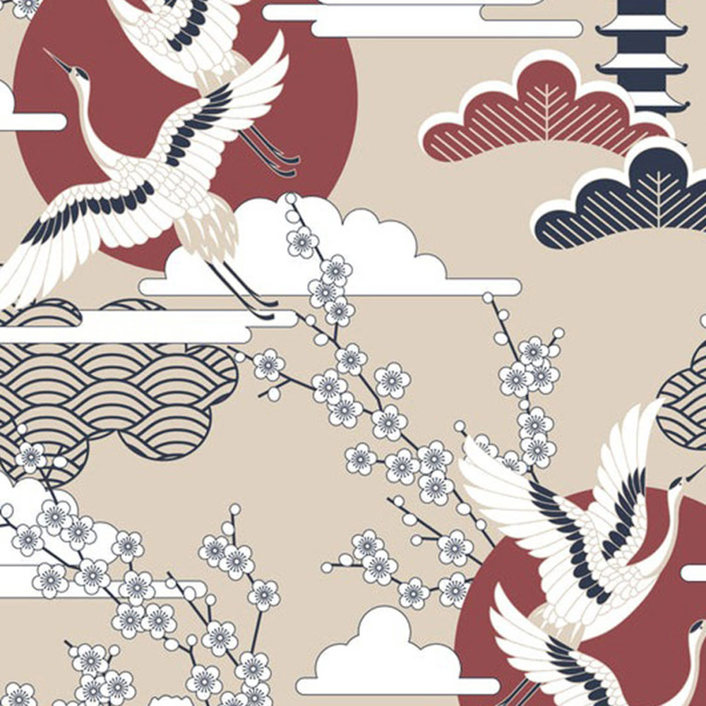 Bobbi Beck Eco Luxury Crane and Cherry Blossom Beige Wallpaper Image