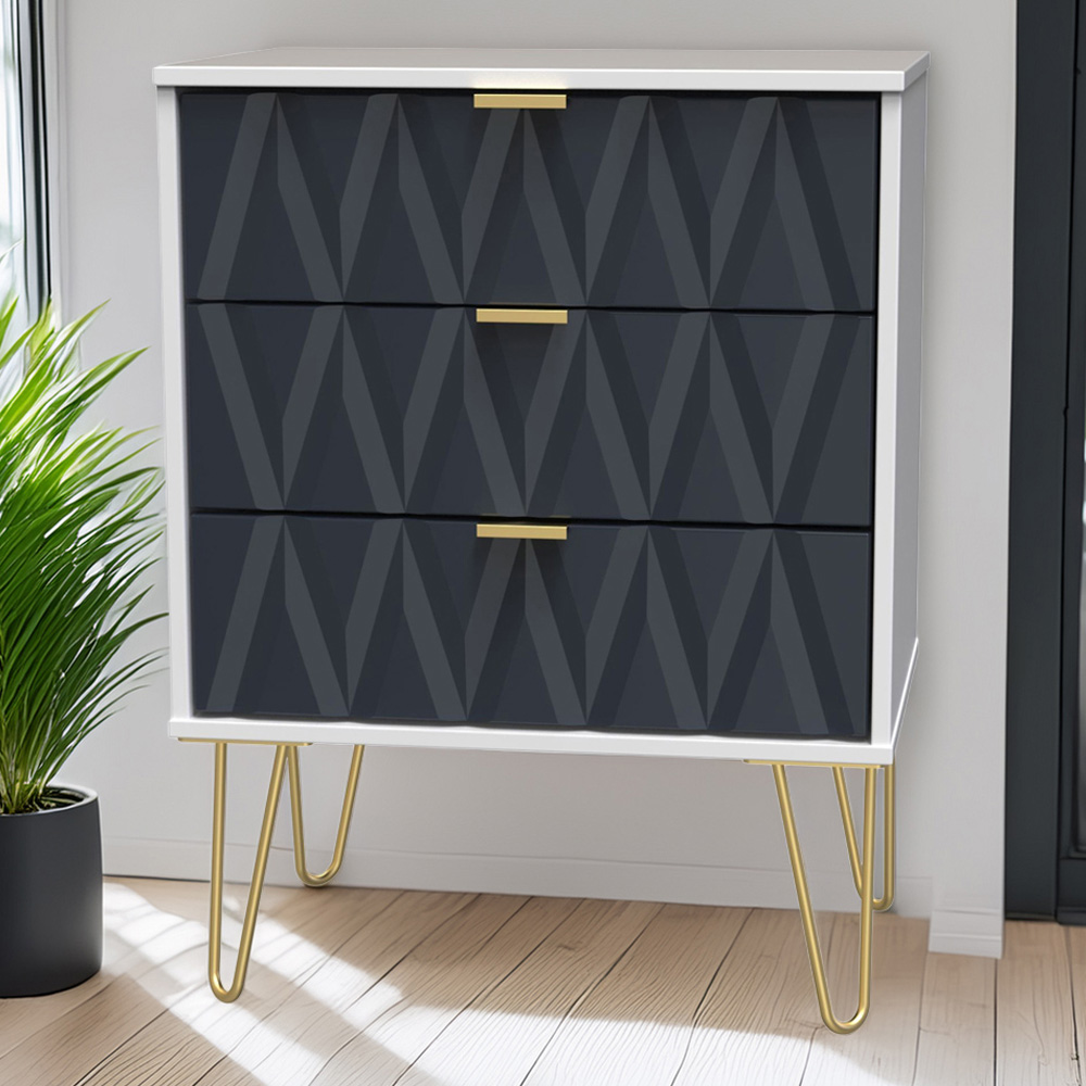 Crowndale Diamond 3 Drawer Indigo Matt and White Midi Chest of Drawers Ready Assembled Image 1