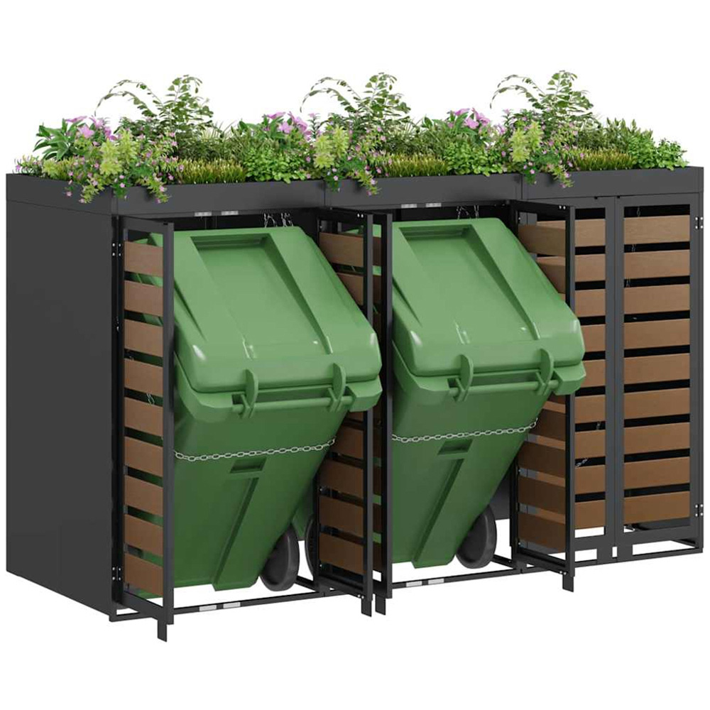 vidaXL Anthracite 3 Wheelie Bin Storage Shed with HDPE Door and Planter Roof Image 3
