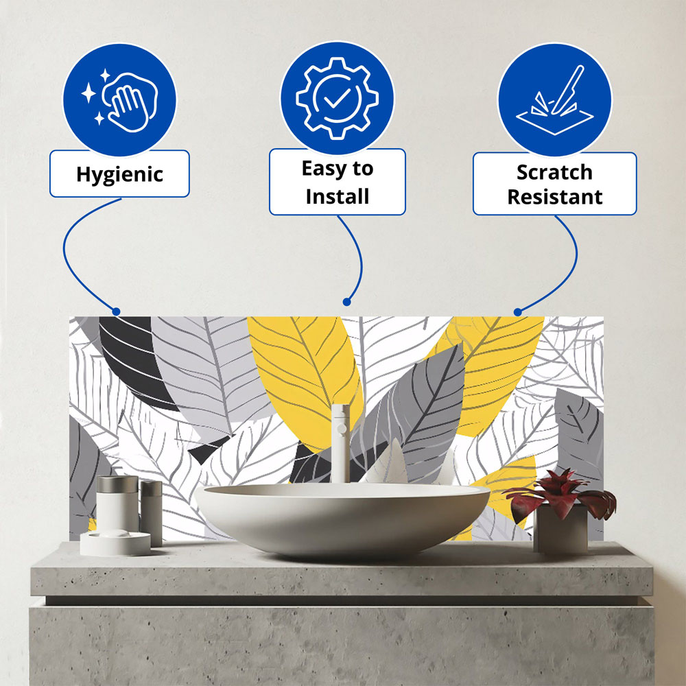 Warren Reed Designer Yellow Grey Feather Leaves Glass Bathroom Splashback 25 x 60cm Image 3