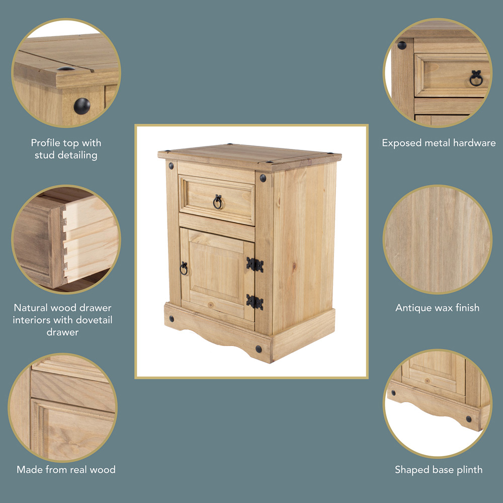 Core Products Corona Single Door Single Drawer Antique Pine Bedside Table Image 6