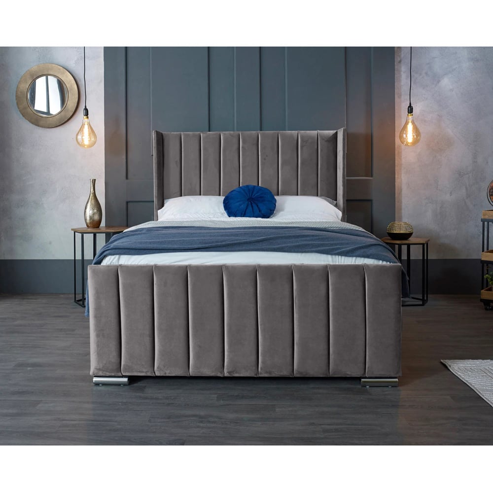 Eleganza Home Meriso Double Silver Plush Velvet Bed Frame with Winged Headboard Image 4
