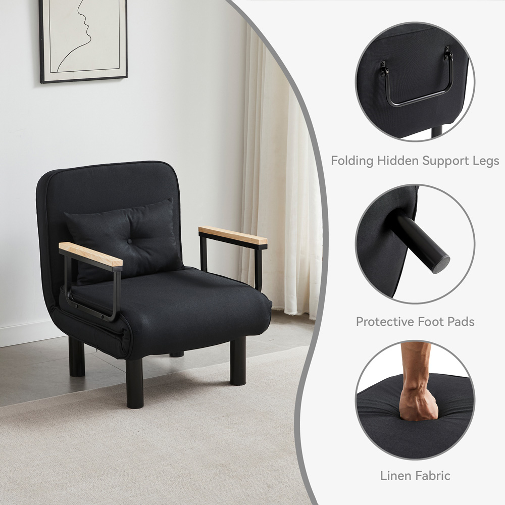 Single Seater Black 4-in-1 Foldable Sofa Bed with Adjustable Backrest and Large Cushion Image 4