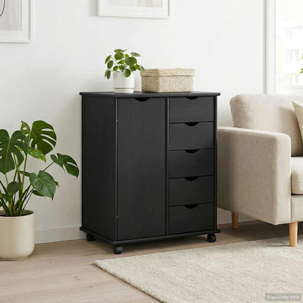 vidaXL Single Door 5 Drawer Black Rolling Storage Cabinet Image 8