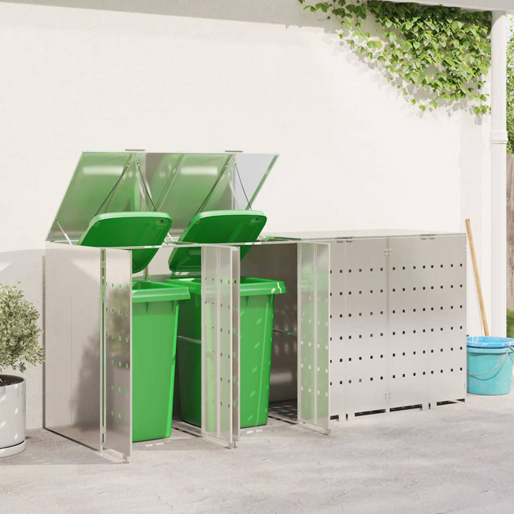 vidaXL Silver 4 Wheelie Bin Storage Shed Image 2