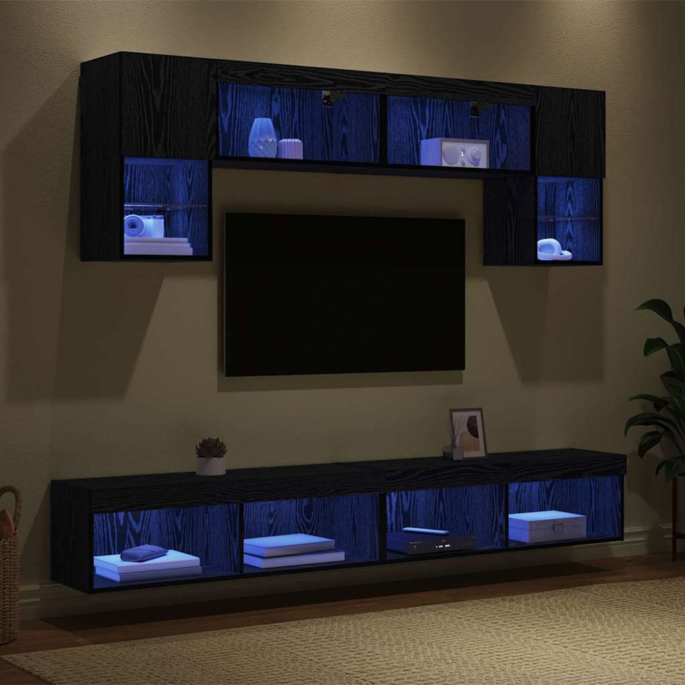 vidaXL 2 Door 10 Shelf Black Oak TV Wall Unit with LED Lights Set of 6 Image 5