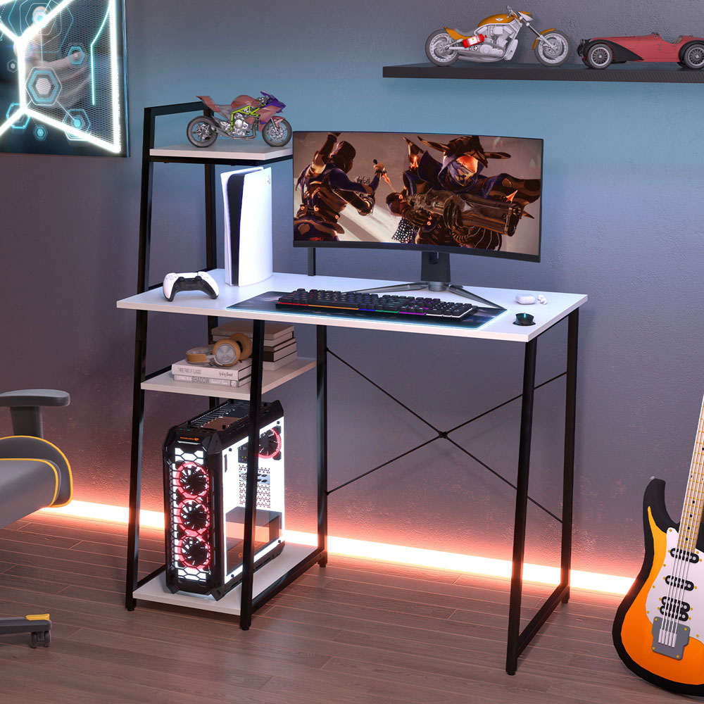 Costway Computer Desk with Bookshelf and Host Stand White Image 4