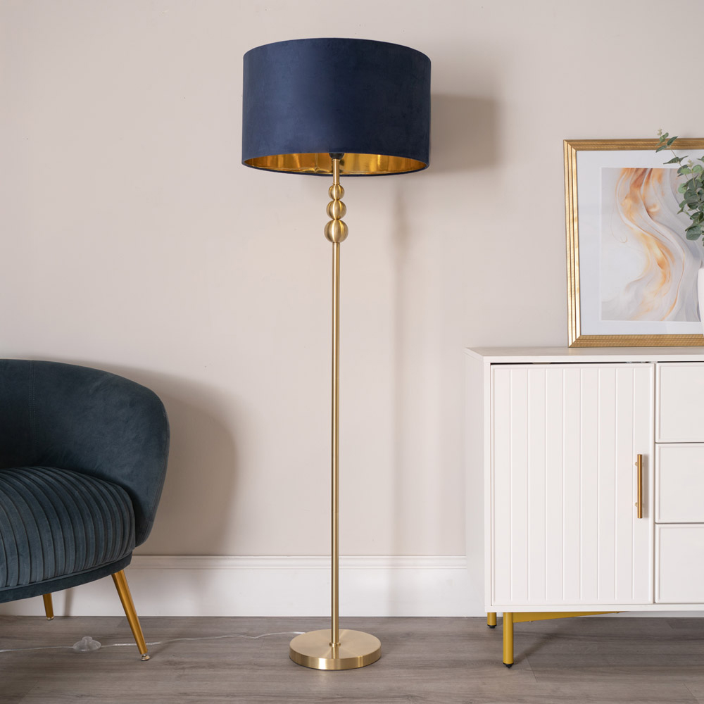 ValueLight Marissa Navy Blue Velvet Gold Inner Shade Gold Stacked Ball LED Floor Lamp Image 2