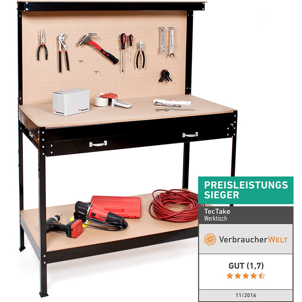 tectake 2 Shelf Single Drawer Black Workbench with Pegboard Image 8