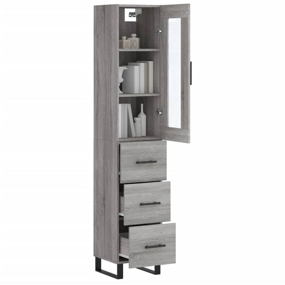vidaXL Single Glass Door 3 Drawer Grey Sonoma Tall Highboard with Metal Legs Image 3