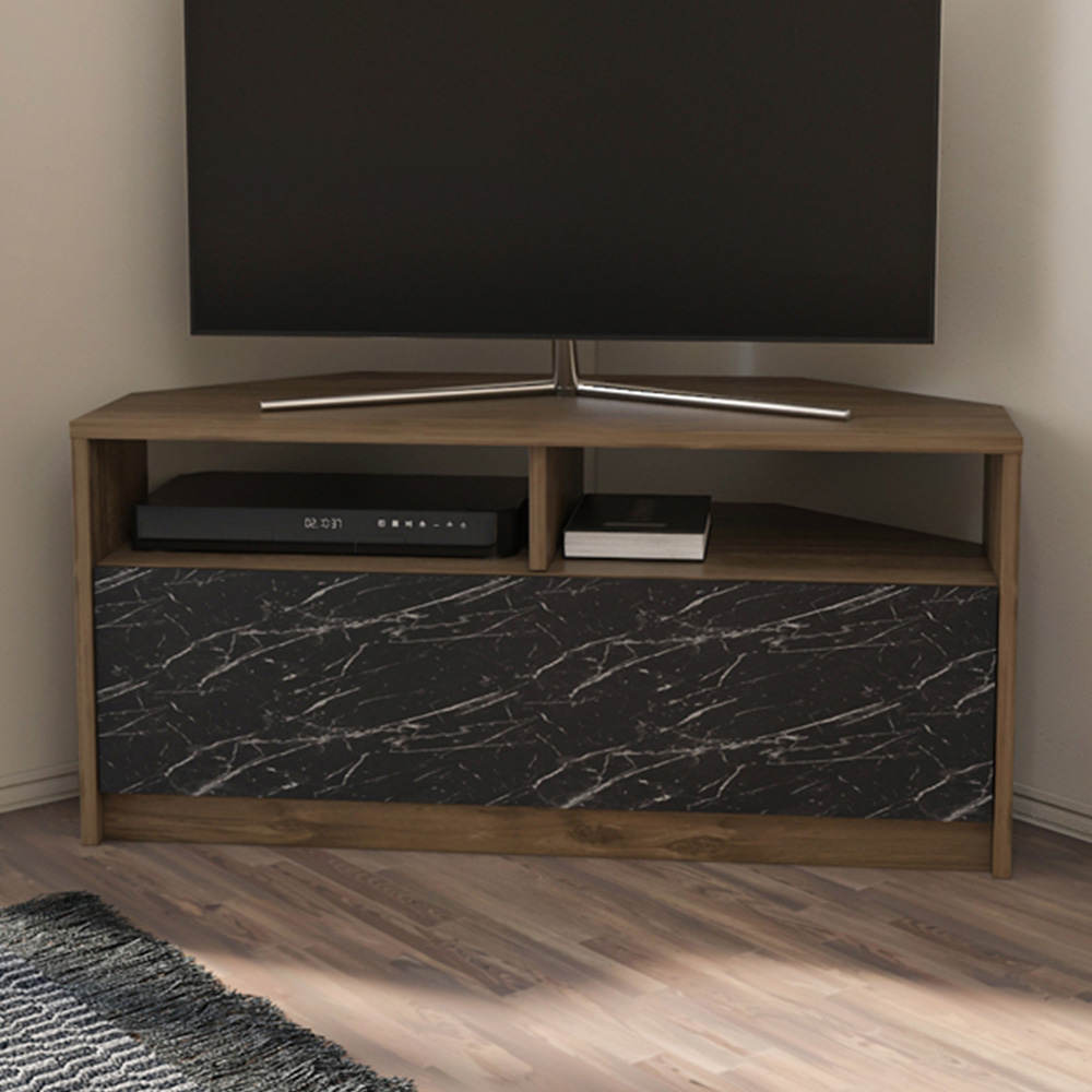 Decorotika Comero 2 Shelf 2 Door White and Black Marble Effect Corner TV Unit Image 1