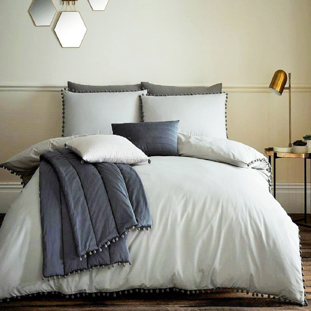 Smart Living King Size Grey Pom Pom Duvet Cover Set Image 1
