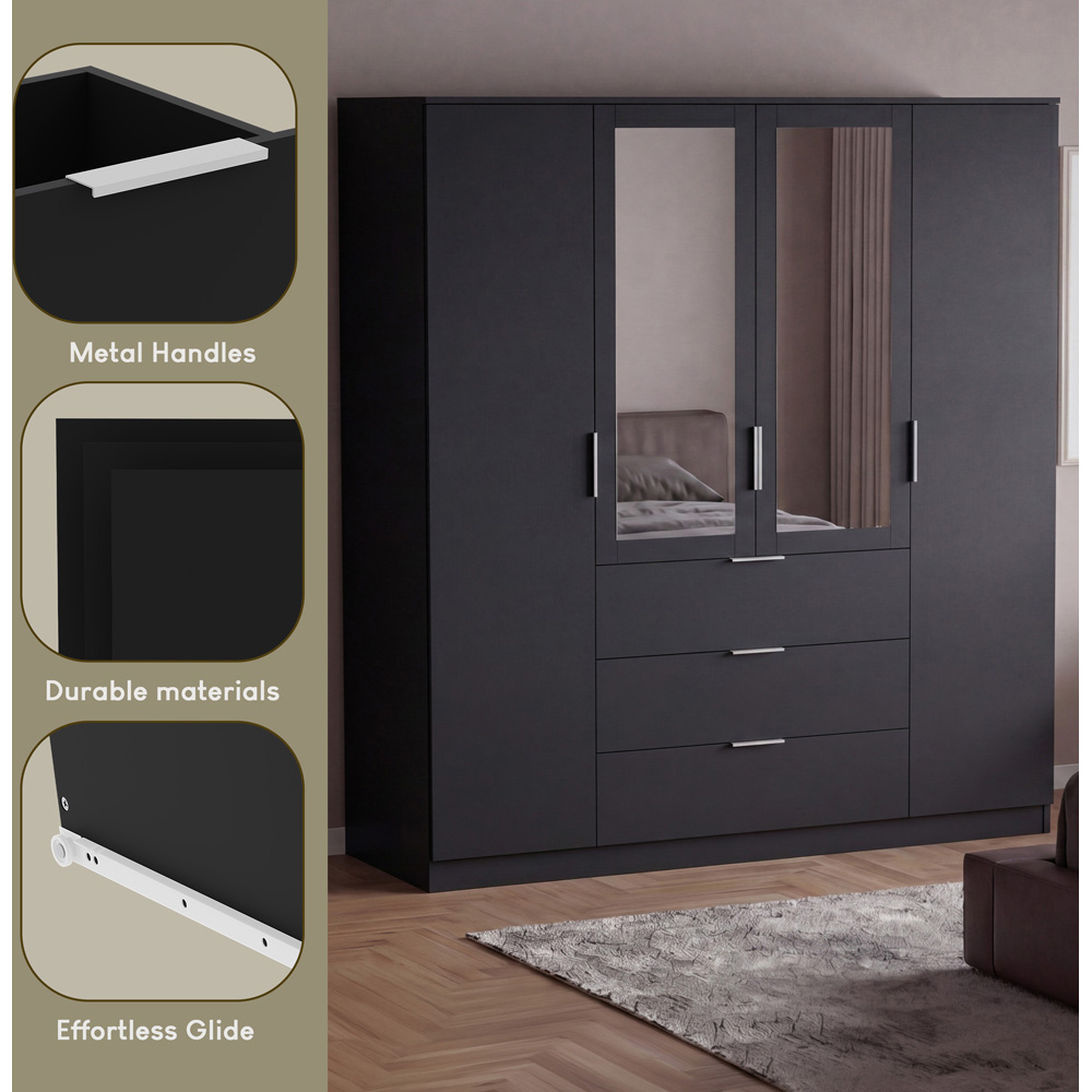 VIDA DESIGNS Trega 4 Door 3 Drawer Black Mirrored Wardrobe Image 7