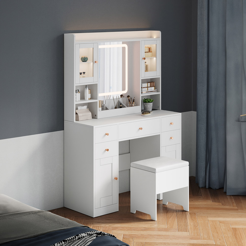 Living and Home 5 Drawer 4 Door 3 Shelf White LED Dressing Table Set Image 8