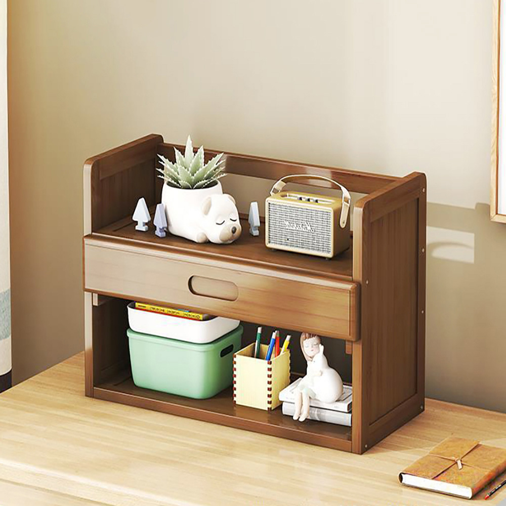 Living and Home Single Drawer 2 Shelf Brown Bamboo Desktop Bookshelf Image 7