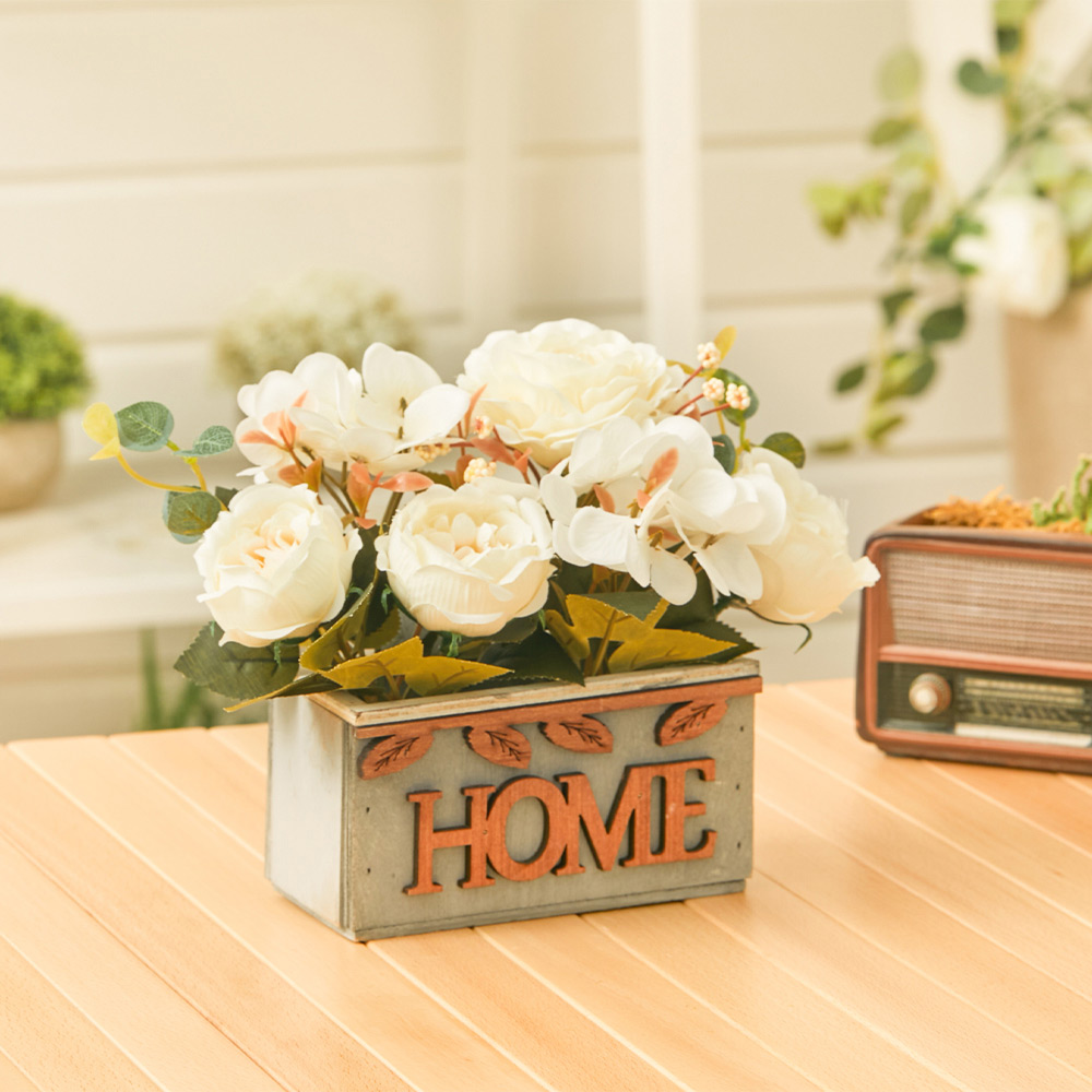 Living and Home Country Style Hydrangea Peony Artificial Flower in Wooden Vase 15cm Image 4