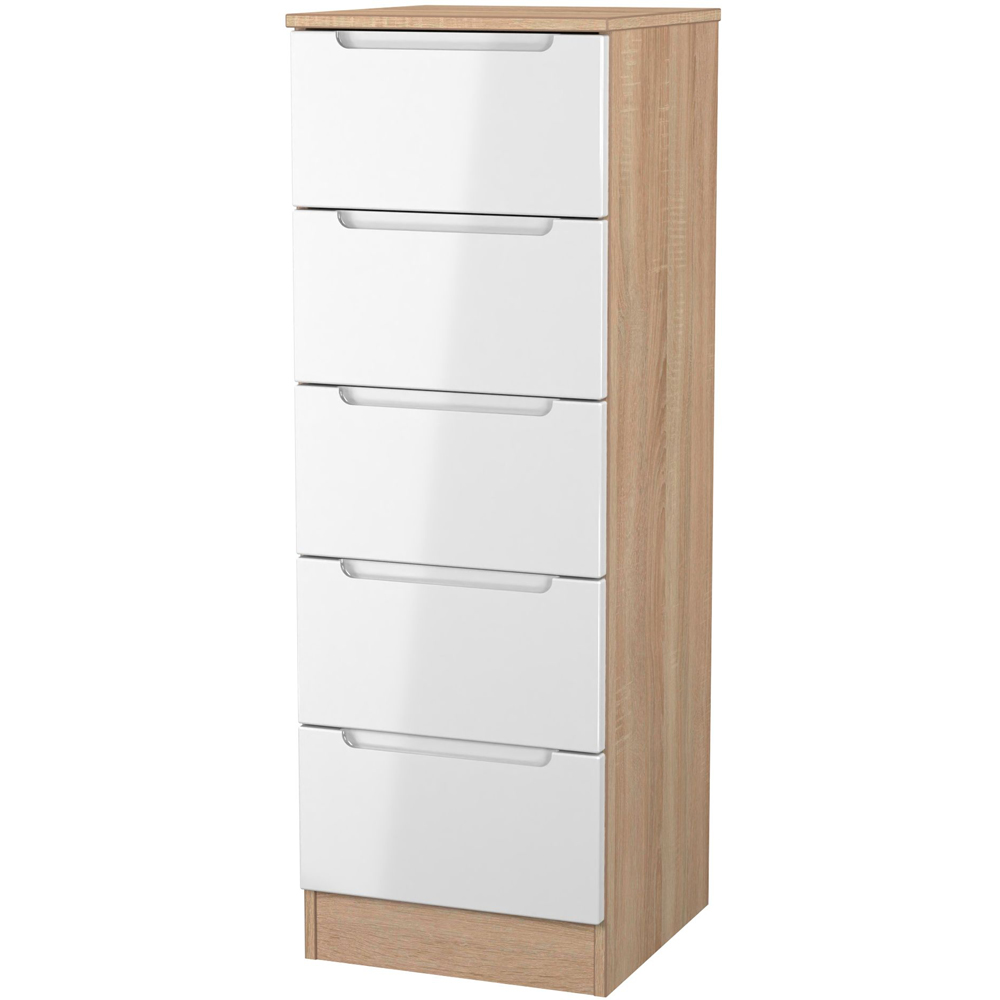 Crowndale Milan 5 Drawer White Gloss and Bardolino Oak Tall Bedside Cabinet Ready Assembled Image 2