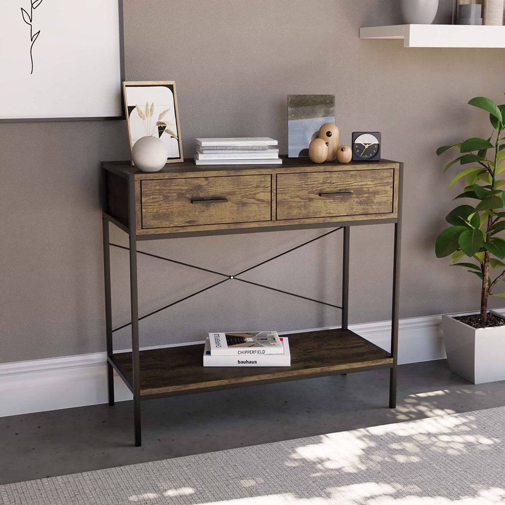 Home Vida Brooklyn 2 Drawer Dark Wood Industrial Console Table Image 5