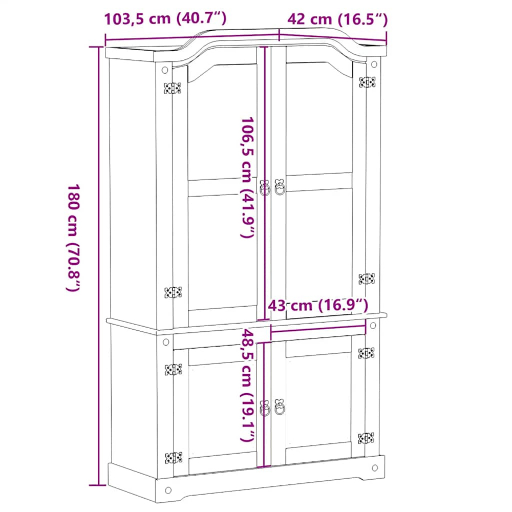 vidaXL 4 Door 3 Shelf Brown Solid Pine Wood Glass Display Cabinet Image 9