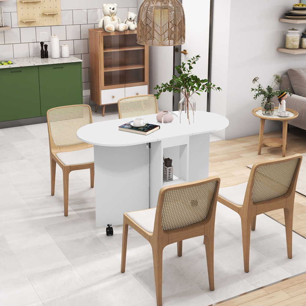 HOMCOM 4 Seater White Drop Leaf Dining Table with Storage Shelf Image 5